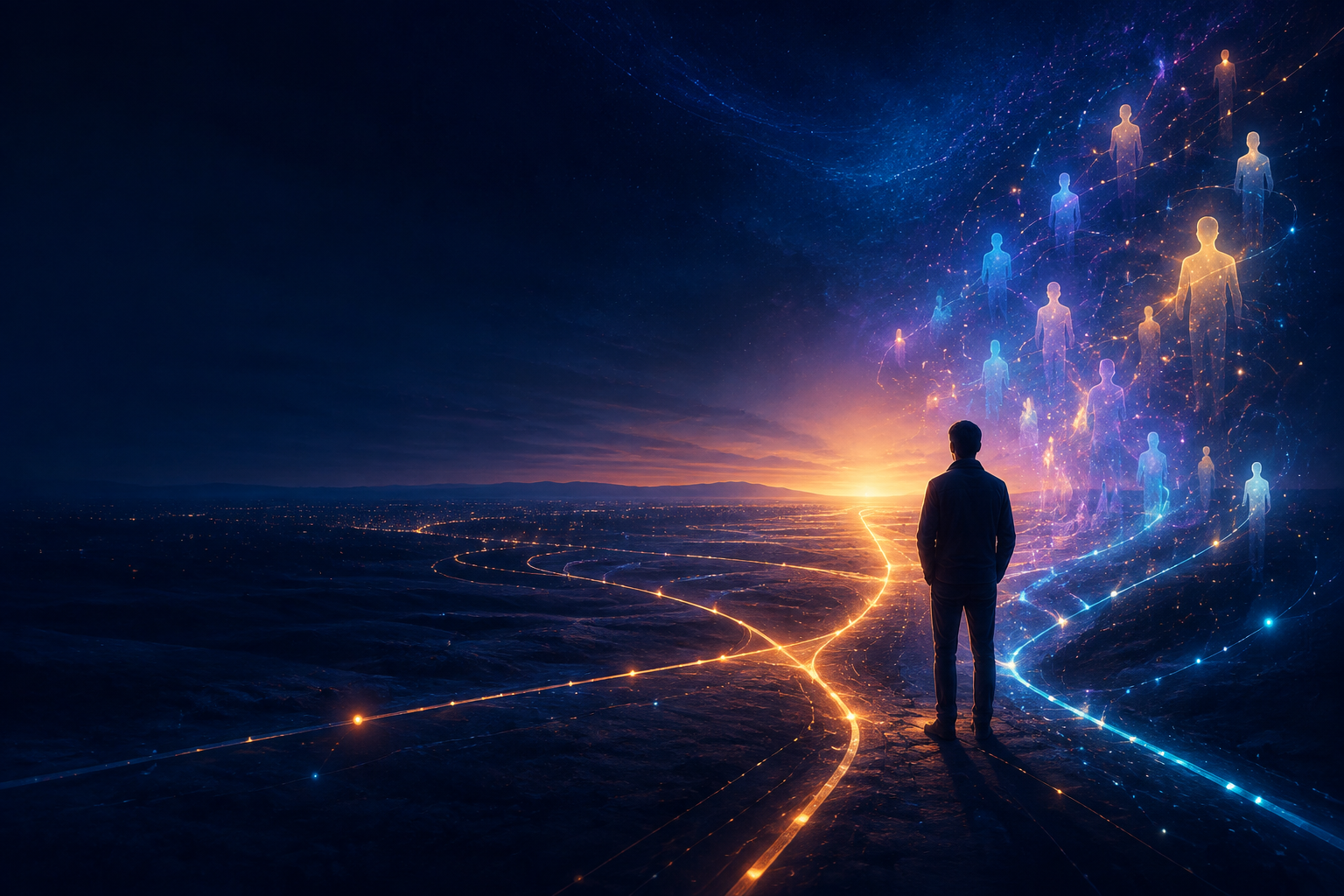 A person looking toward a luminous horizon with paths connecting a future team